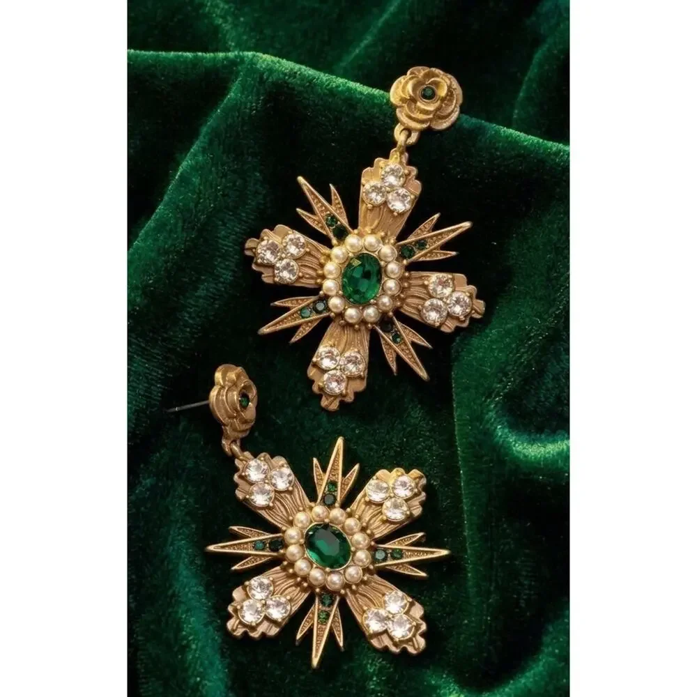 Regal Pearl Cross Flower Museum Earrings Goddess Gold Ornate StudVTG Baroque Art